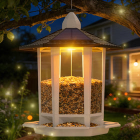 Birdream solar pagoda feeder outdoors attracting cardinals and finches.