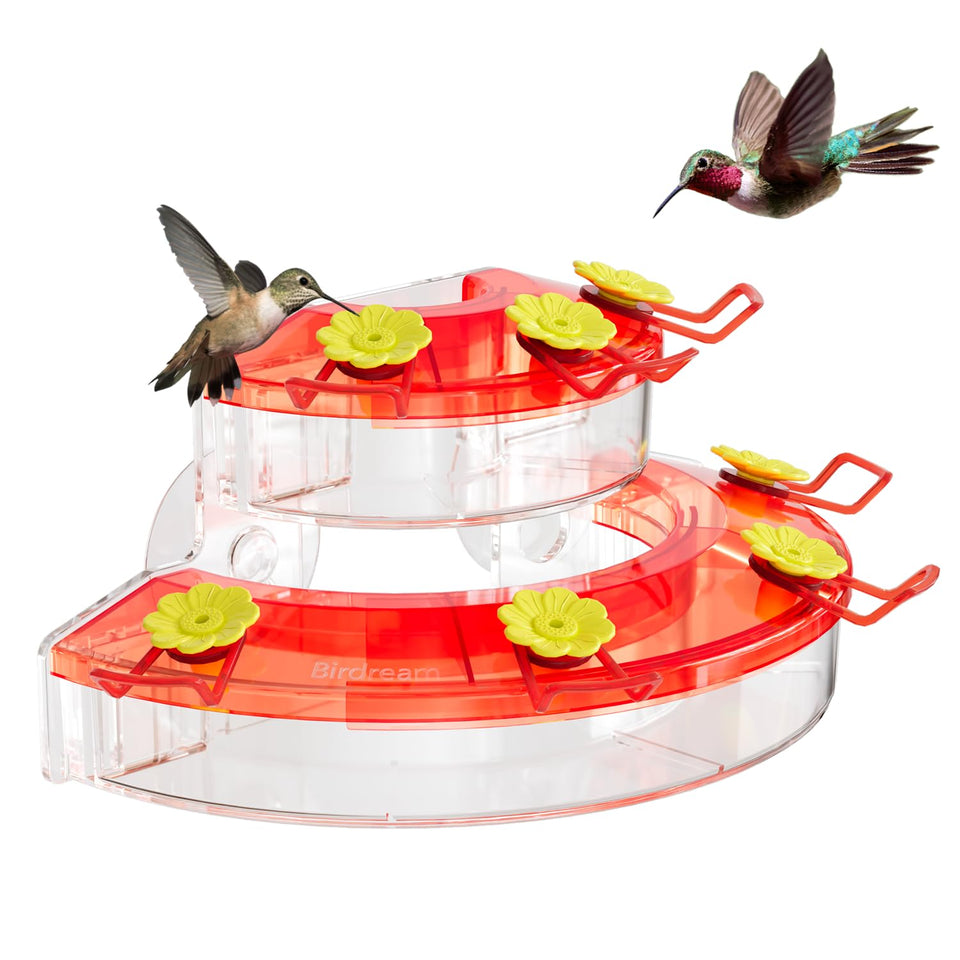 Birdream window hummingbird feeder in red, front view attracts hummingbirds to feed.