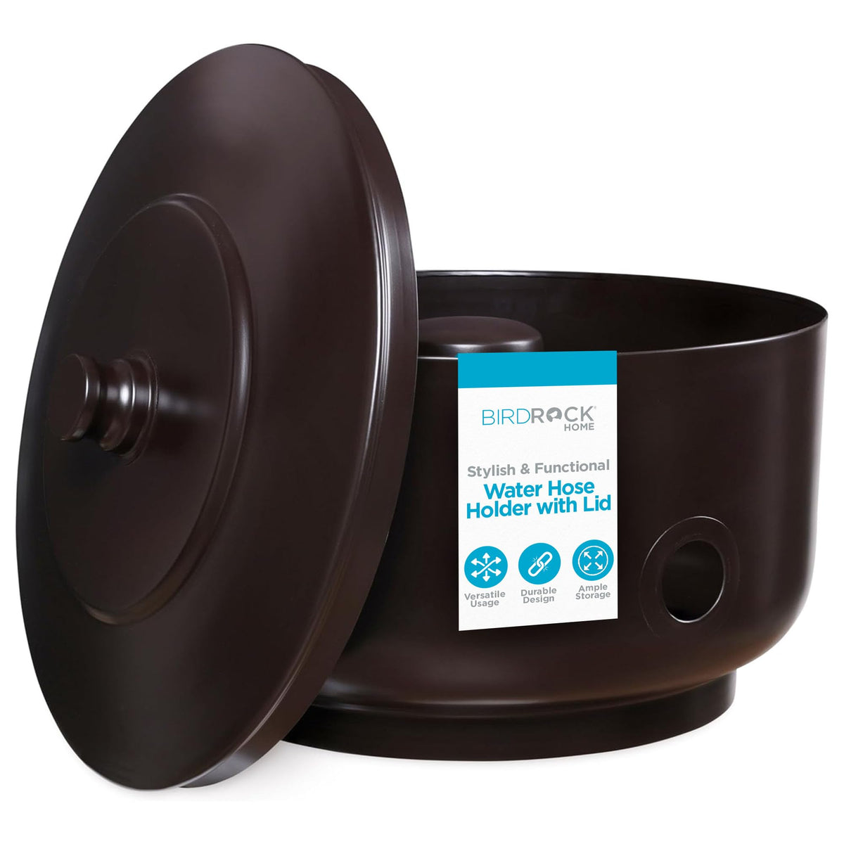 Birdrock Home hose holder pot showing 100ft capacity for tidy hose storage.
