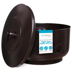 Birdrock Home hose holder pot showing 100ft capacity for tidy hose storage.