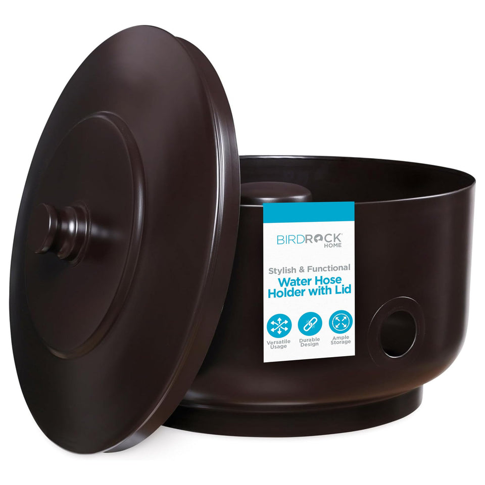 Birdrock Home hose holder pot showing 100ft capacity for tidy hose storage.