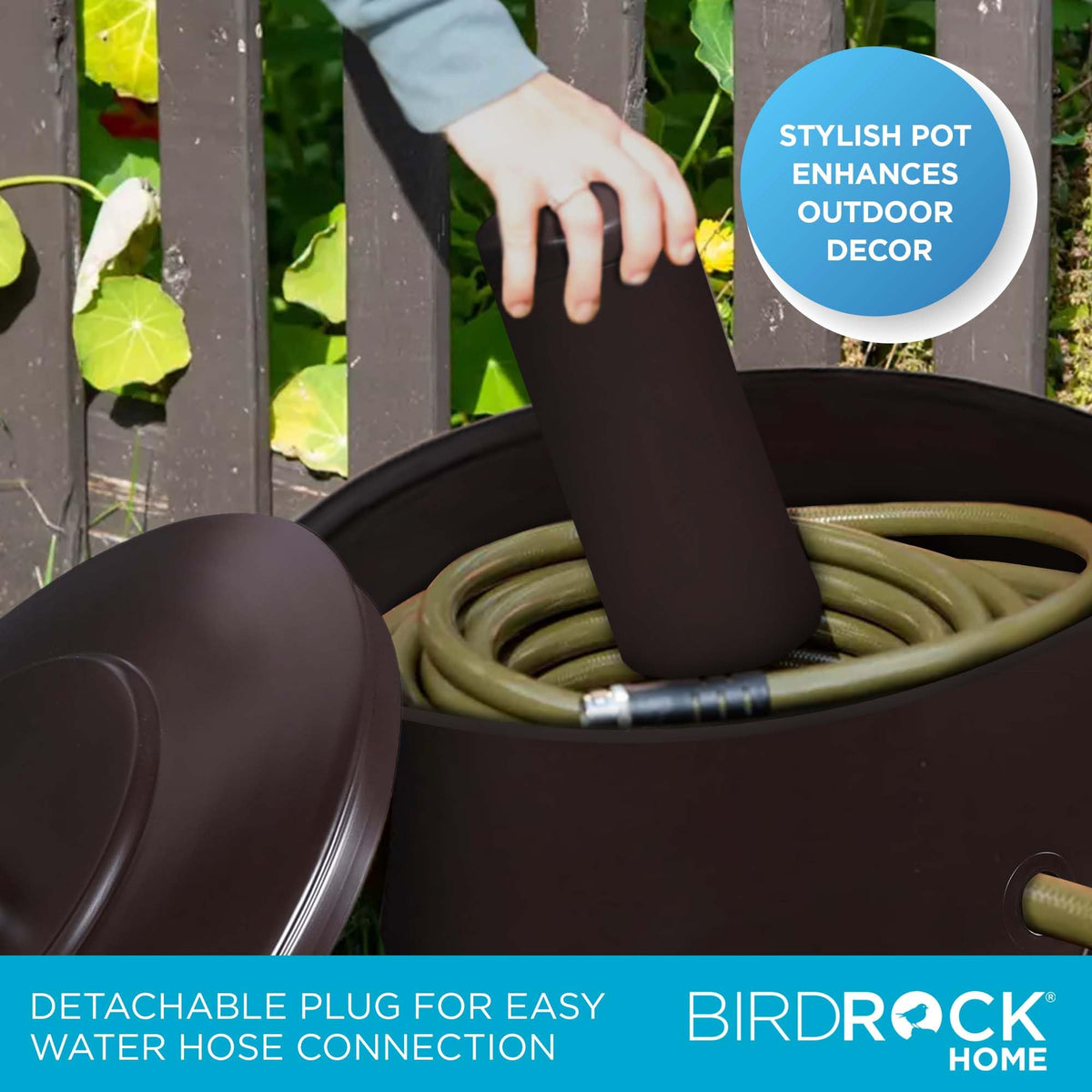 Birdrock Home hose holder pot drain holes prevent water buildup after rain.