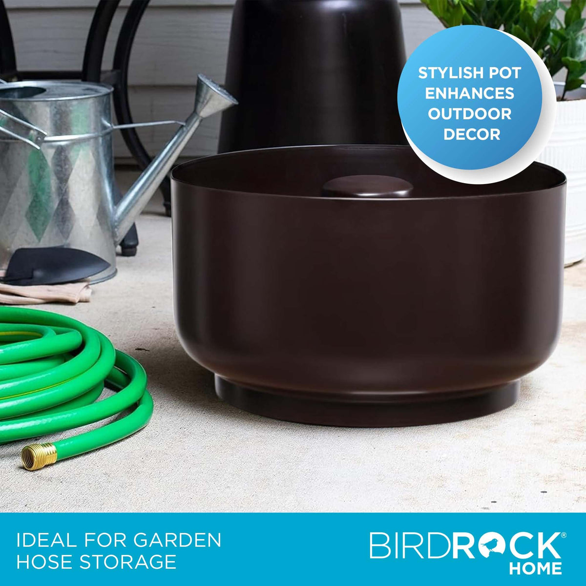 Birdrock Home hose holder pot lid closes storage neatly.