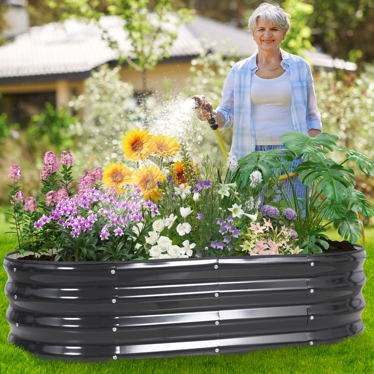 BIRDSINYARD grey finish raised garden bed set visible in outdoor space