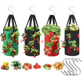 Birheatry hanging strawberry planter bags on a balcony, showcasing space-saving gardening.
