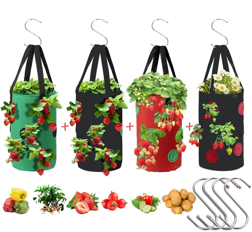 Birheatry hanging strawberry planter bags on a balcony, showcasing space-saving gardening.