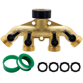 Biswing 4-way brass hose splitter in use directing water to four beds