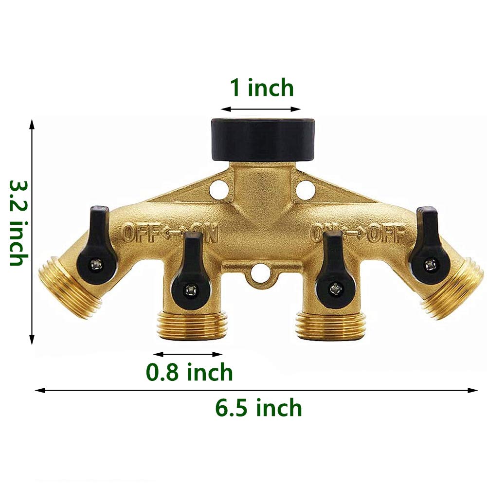 Biswing brass hose faucet manifold showing individual on/off valves for control