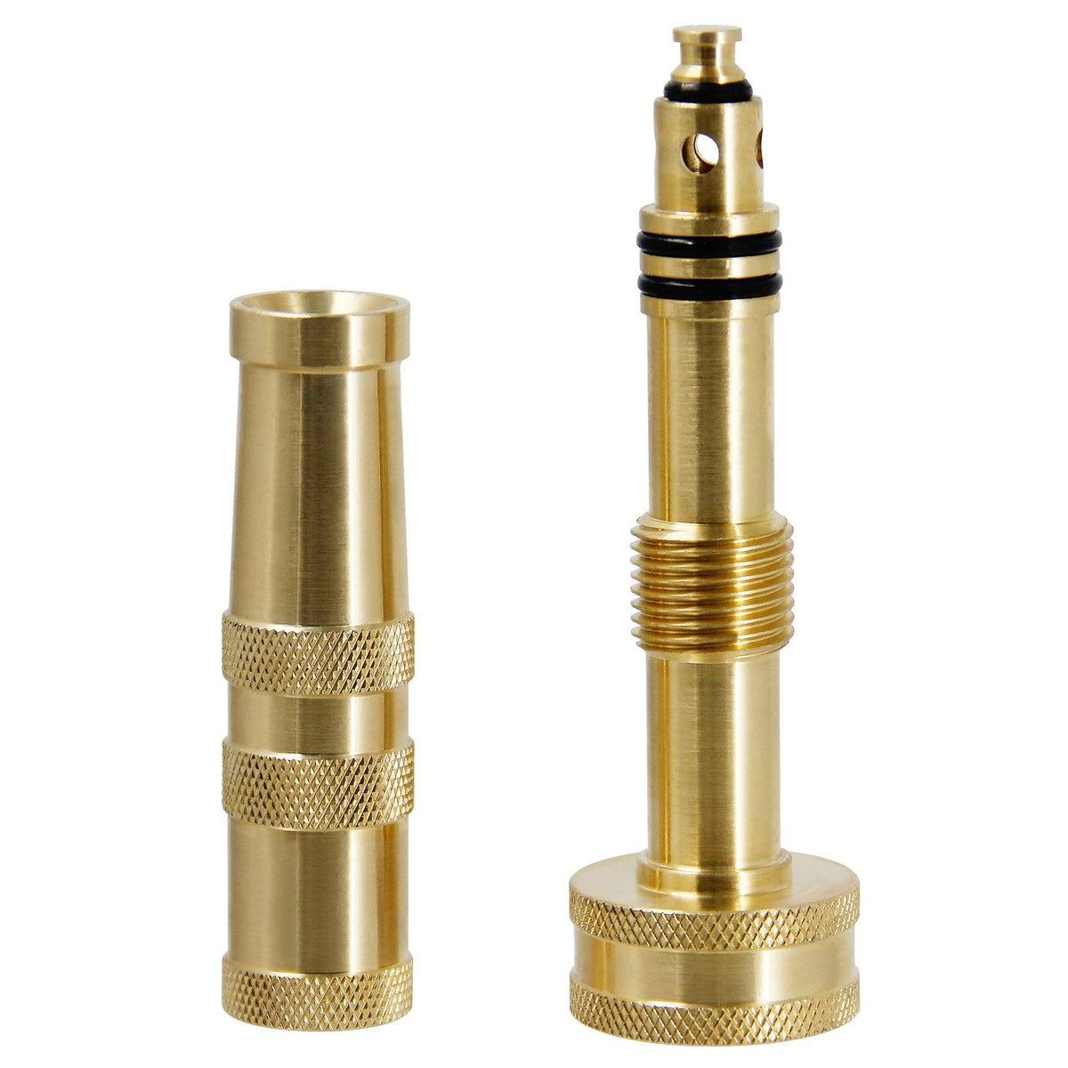 Biswing brass hose nozzle connected to hose demonstrates water flow capability