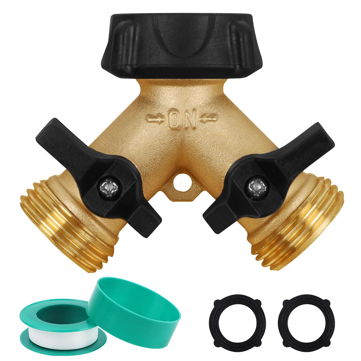Biswing garden hose splitter with dual valves for simultaneous watering tasks.