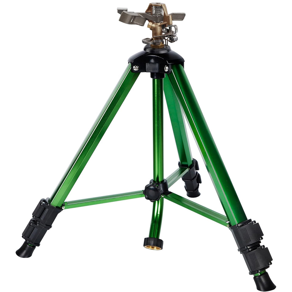 Biswing impact sprinkler head on a sturdy tripod base delivering even lawn coverage.