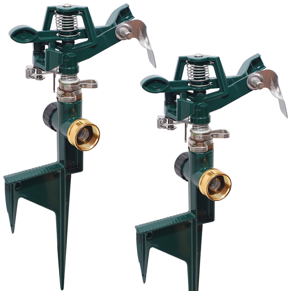 Biswing impact sprinkler head delivering even 360-degree lawn coverage.