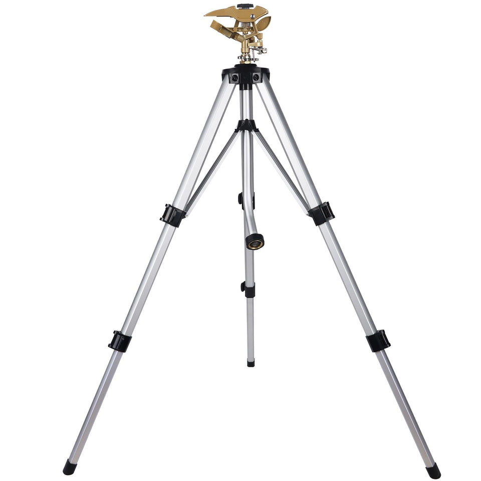 Biswing sprinkler head on tripod base offers broad lawn coverage