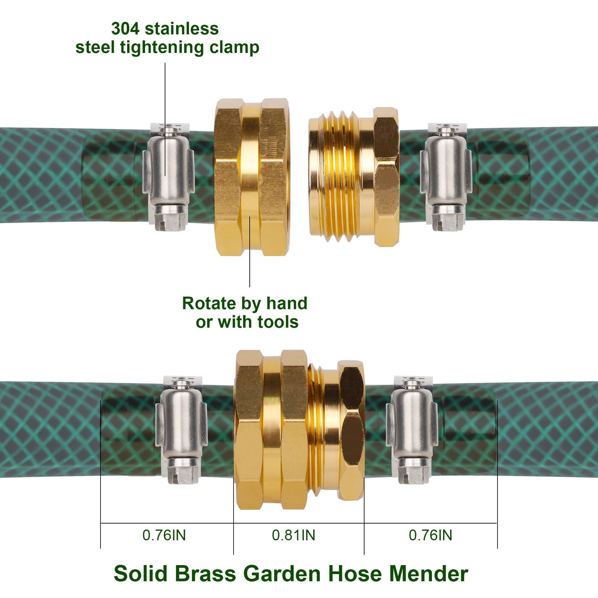 Biswing male hose repair connector with clamps for secure connections.