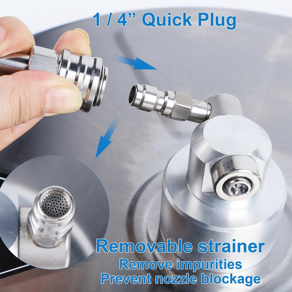 Biswing 1/4-inch quick-connect for easy attachment to most pressure washers.