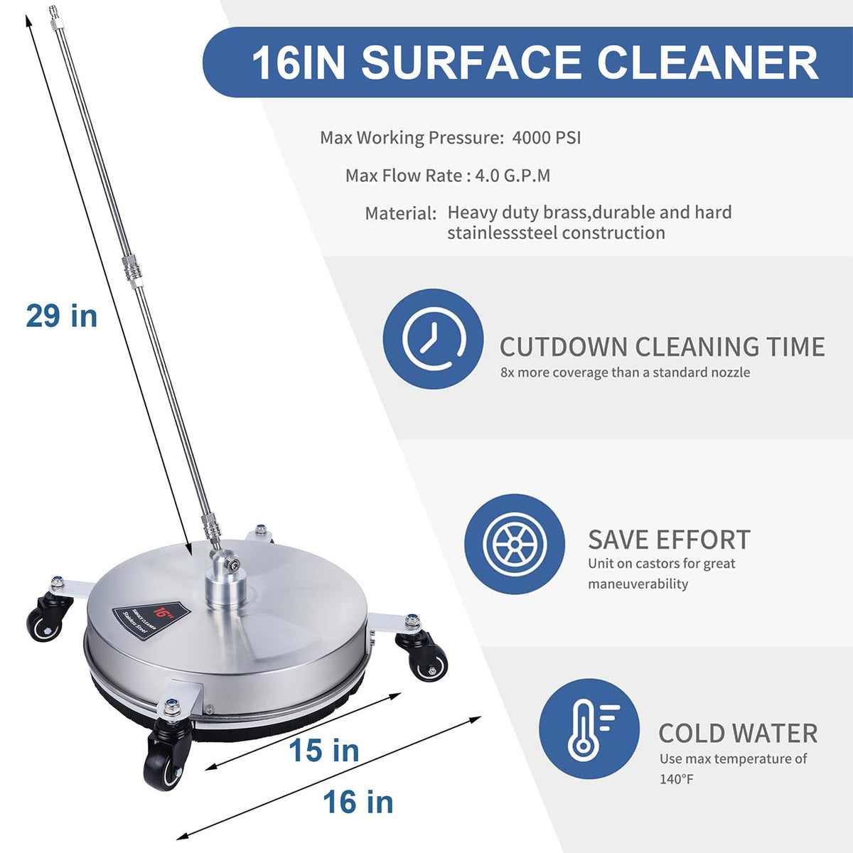 Biswing stainless steel body ensures durability during tough outdoor cleaning.