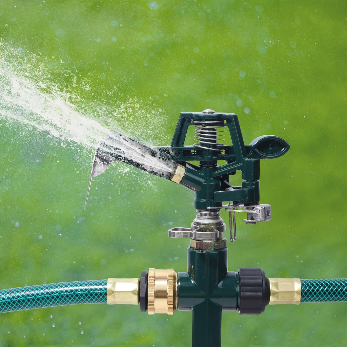 Biswing step spike base securely anchoring the sprinkler into soil.