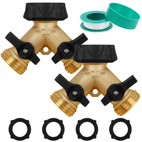 Biswing two-pack hose splitter assembly with dual outlets for simultaneous watering.