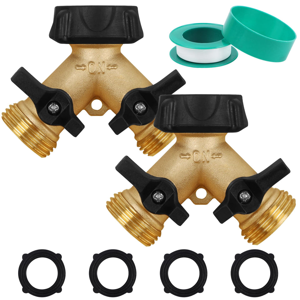 Biswing two-pack hose splitter assembly with dual outlets for simultaneous watering.