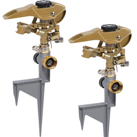 Biswing two pack impact sprinklers mounted on metal step spike for yard irrigation coverage