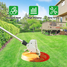 Biteyued 9-inch blade assembly mounted on trimmer head during use.