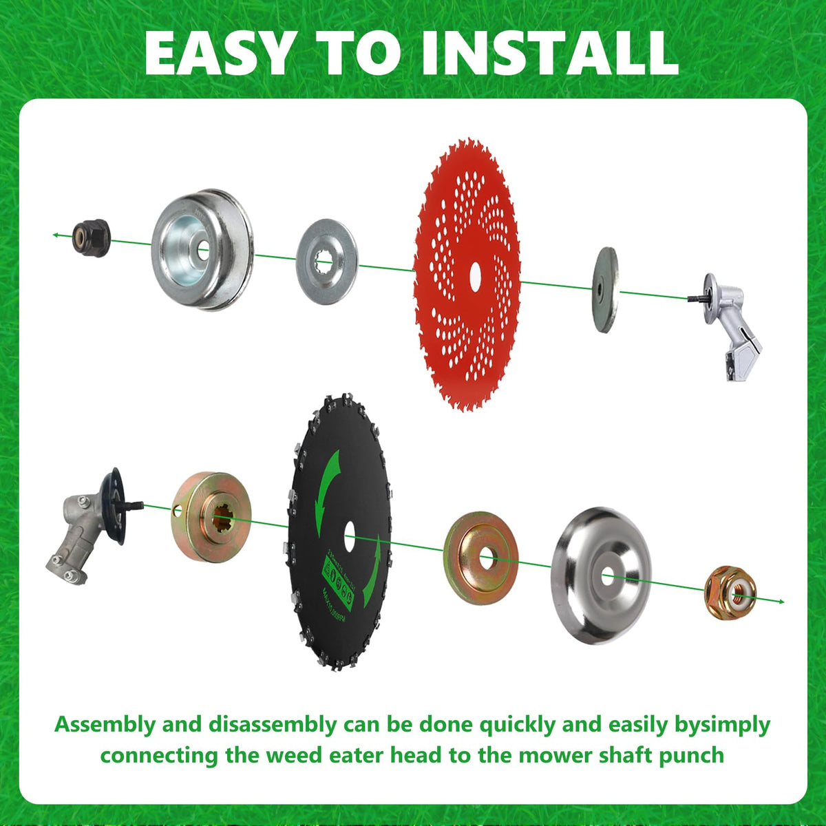 Close-up of installation process demonstrates quick assembly on a weed eater blade.