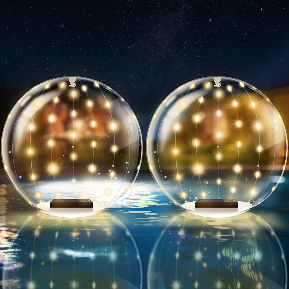 BITIWEND solar floating orb light glows on water, creating a cozy pool ambience.