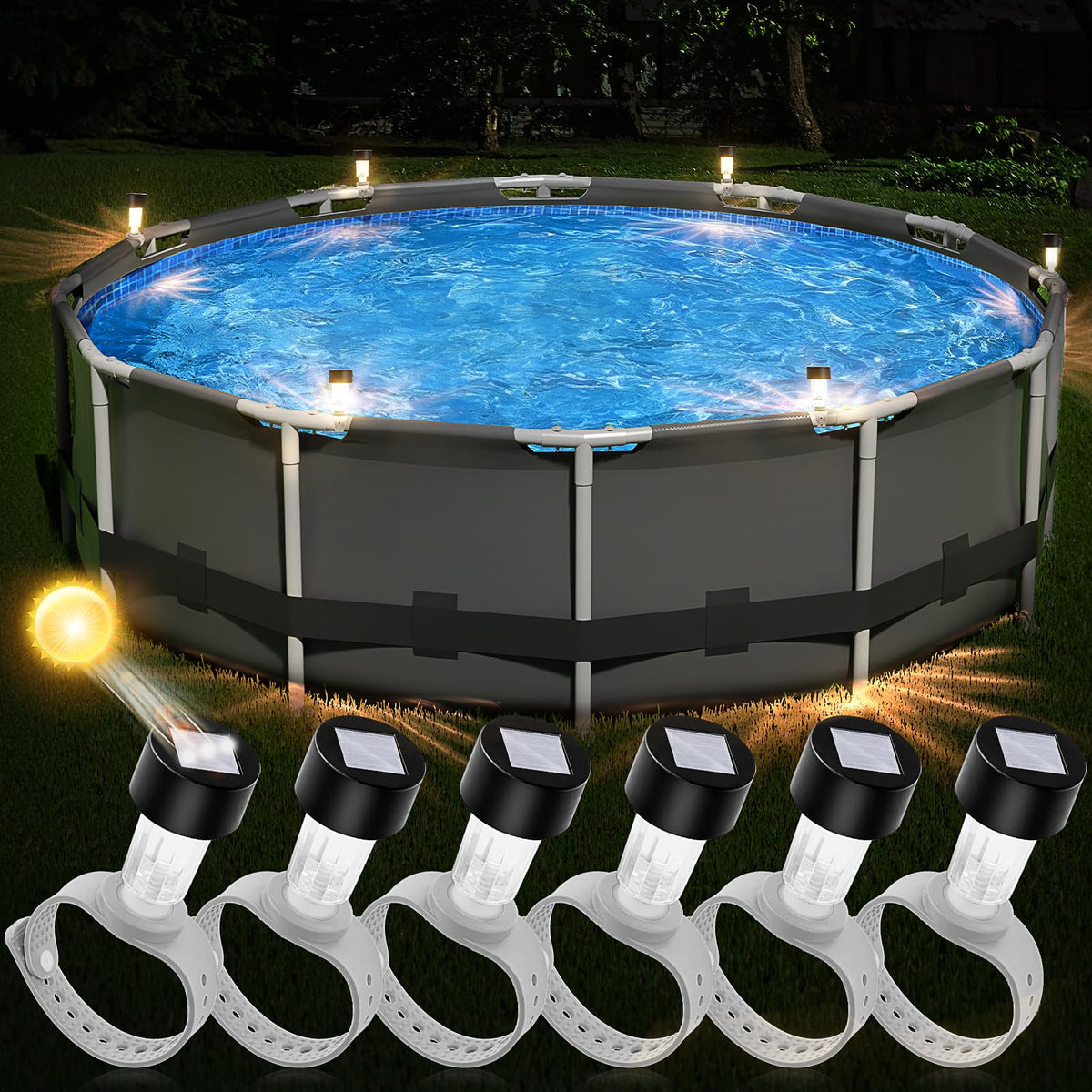 BITIWEND solar pool light on a pool edge pole illuminating the perimeter.