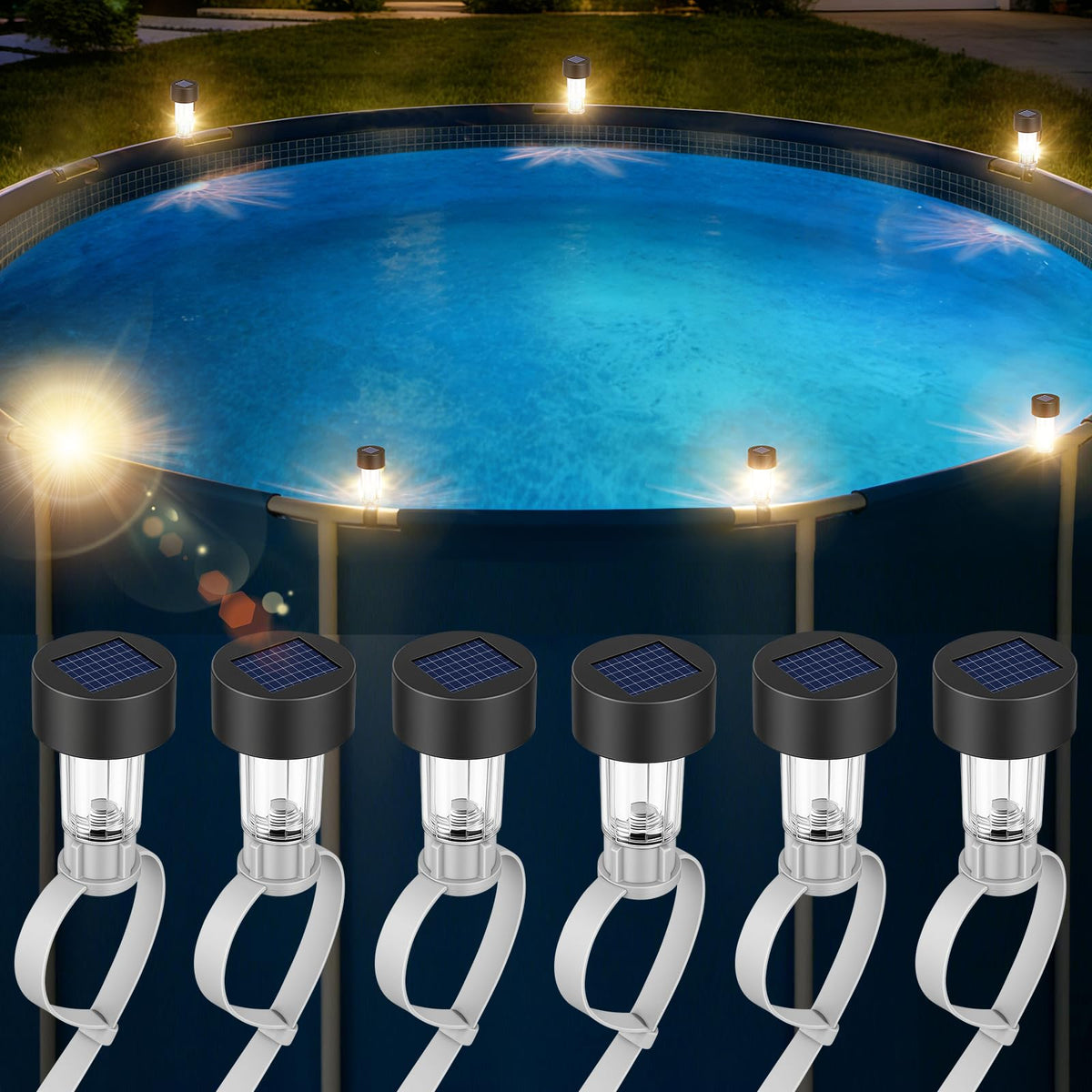 BITIWEND six-pack solar pool lights illuminate above-ground pools with warm glow.