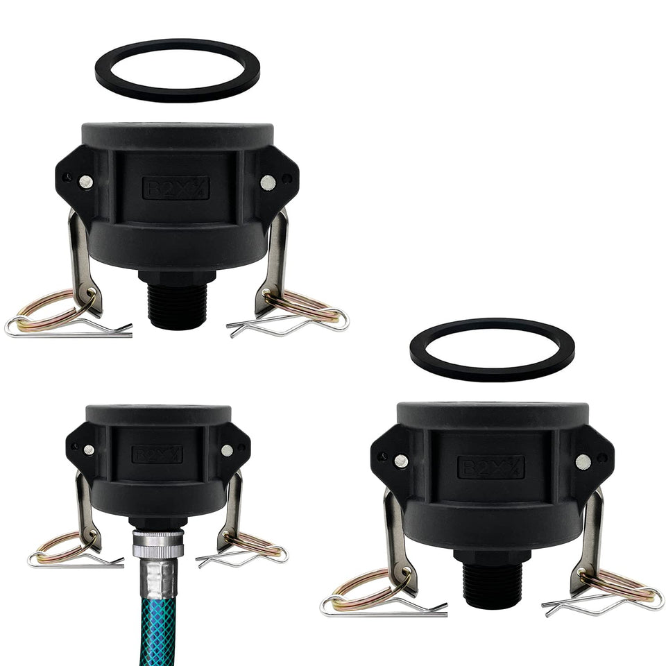 BITOTU ibc tote adapter with 2in camlock to 3/4in hose connection for flexible water transfer.