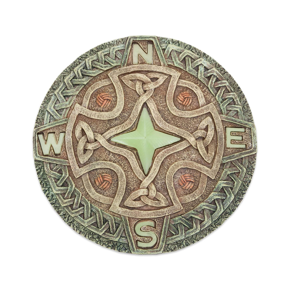 Bits and Pieces glow-in-the-dark Celtic compass stone lights up the garden at night.