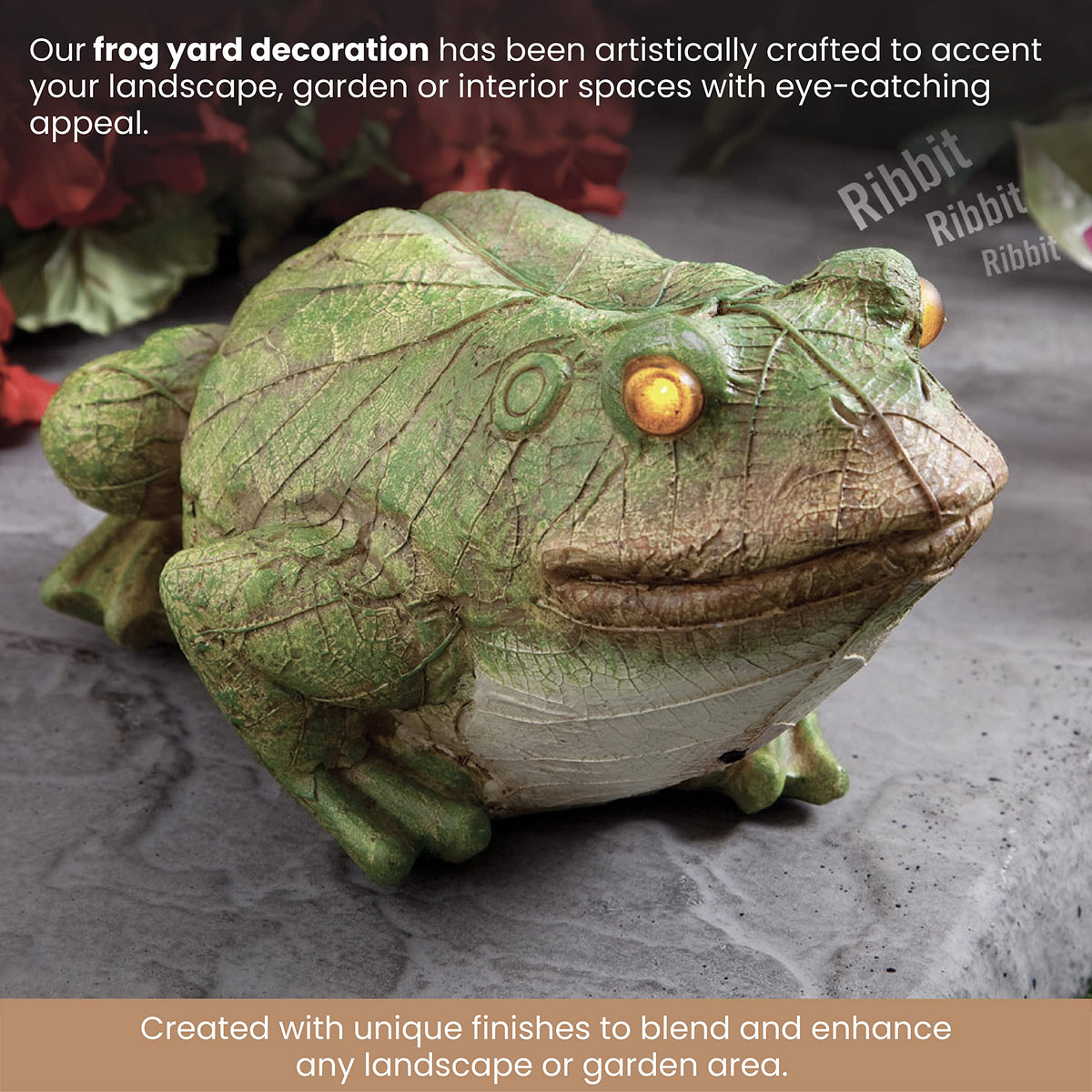 Bits and Pieces polyresin frog offers durable weather-ready garden decoration.