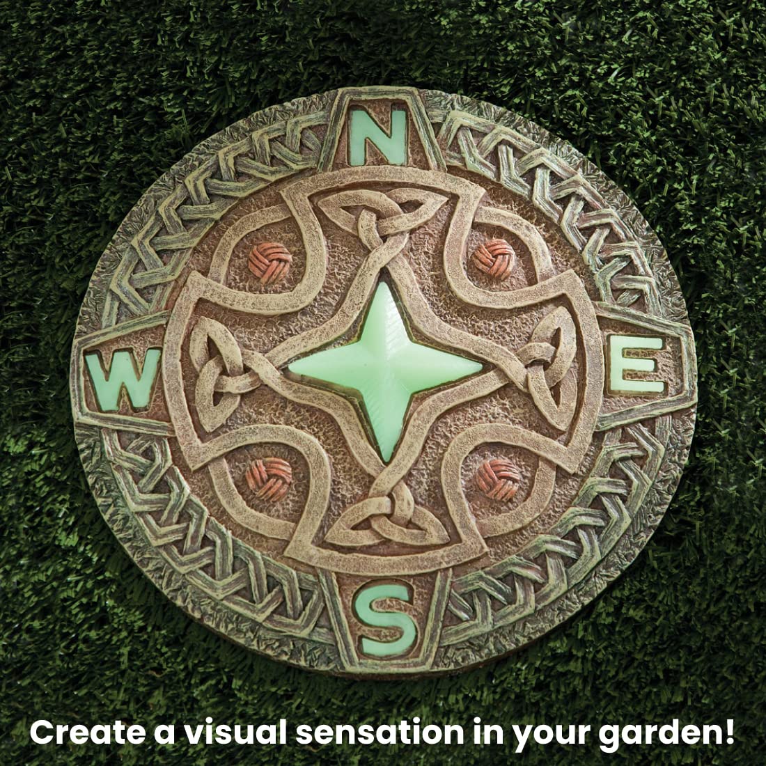 Bits and Pieces yard art stone with glow enhances walkways with subtle night lighting.