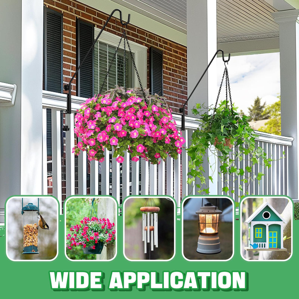 Biubee bird feeder hanger with outdoor lights and wind chimes on railing