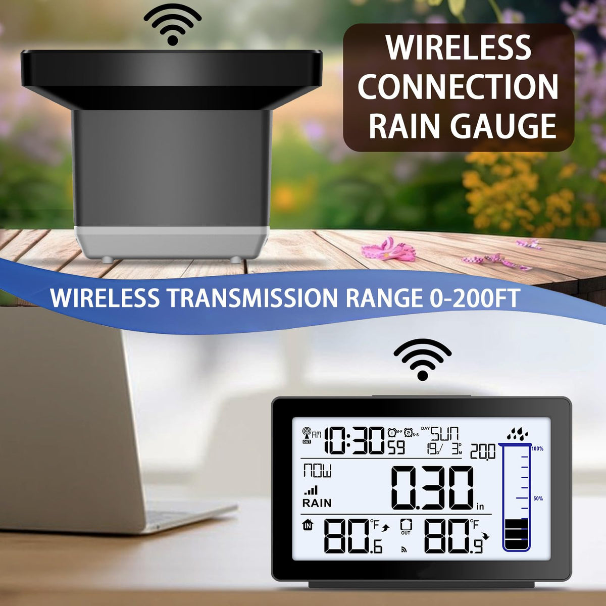 BIUWING indoor display shows precise rainfall and temperature at a glance