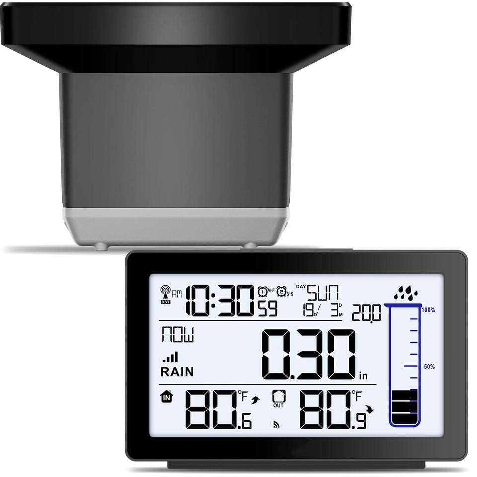 BIUWING outdoor rain gauge sensor with real-time rainfall data displayed