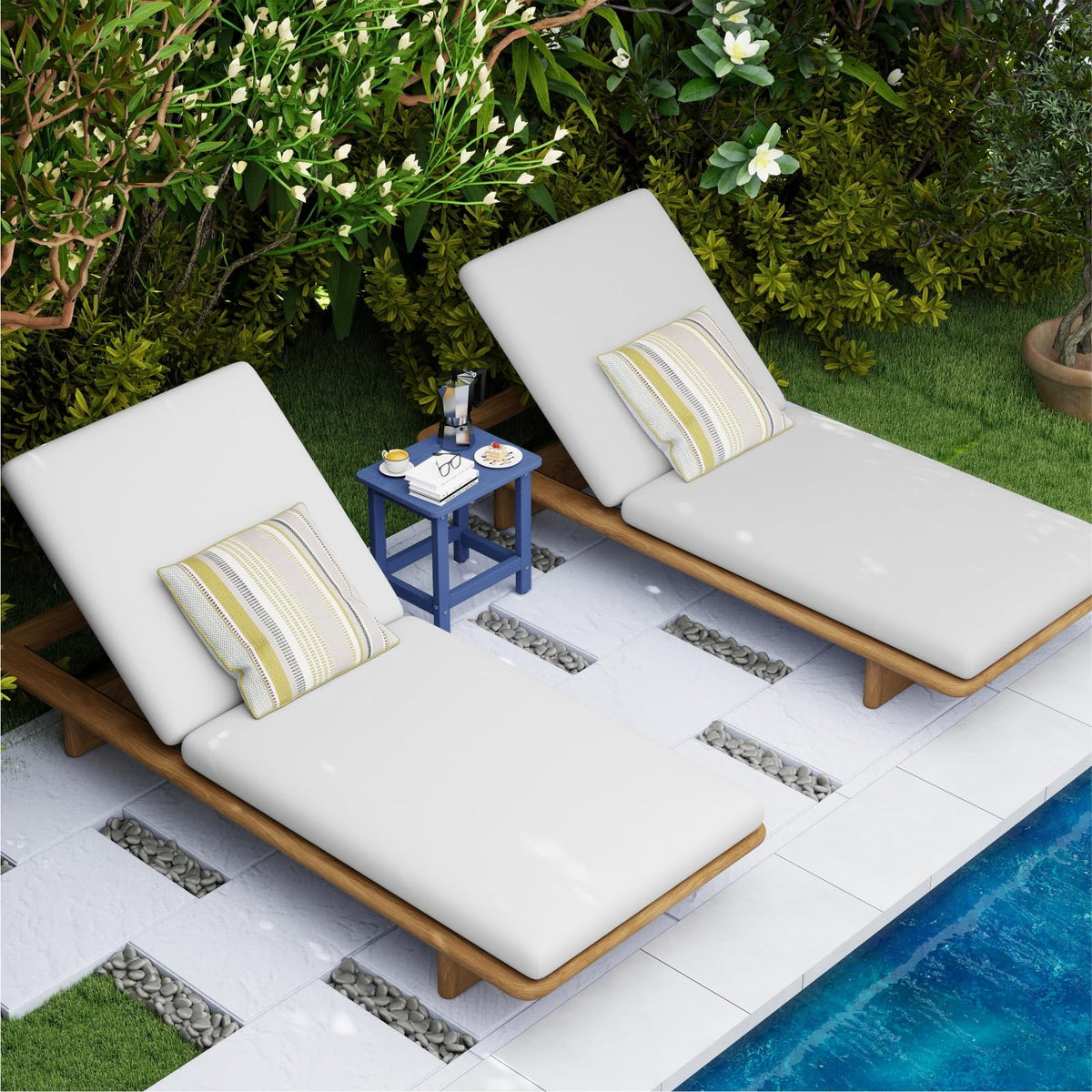 BIVODA side table shown beside Adirondack and lounge chairs for versatile outdoor use