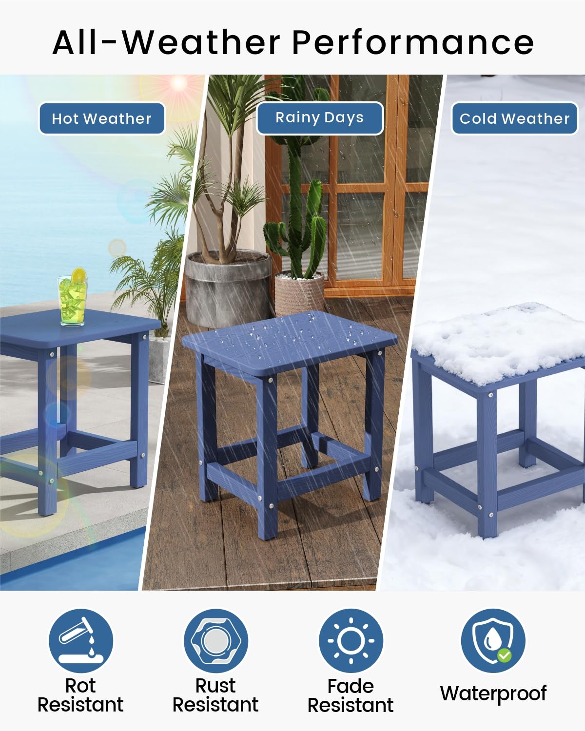 BIVODA fade-resistant navy finish on the HDPE surface resists sun and weather