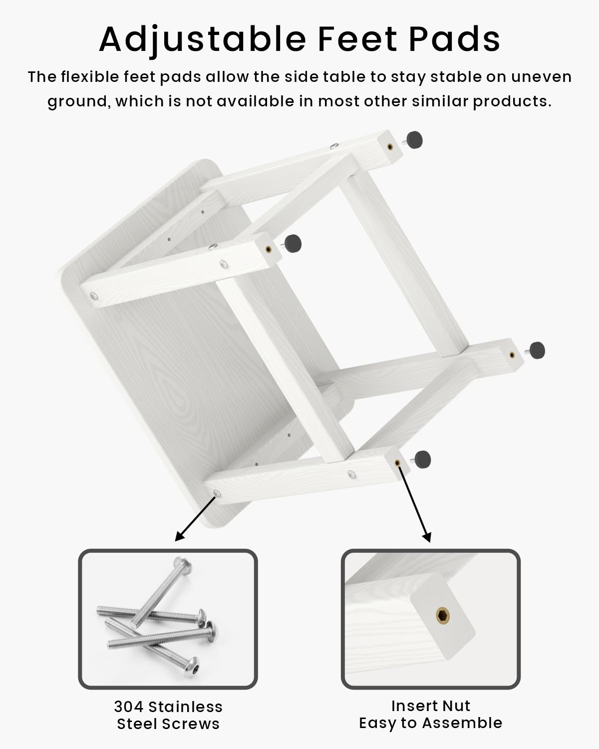 BIVODA Weatherproof side table with adjustable feet on uneven surface.