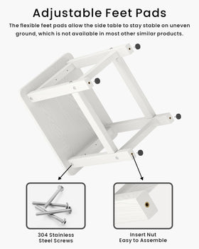BIVODA Weatherproof side table with adjustable feet on uneven surface.