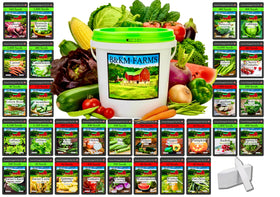 B&KM Farms BKF survival seed kit packaging, durable bucket for long-term storage.