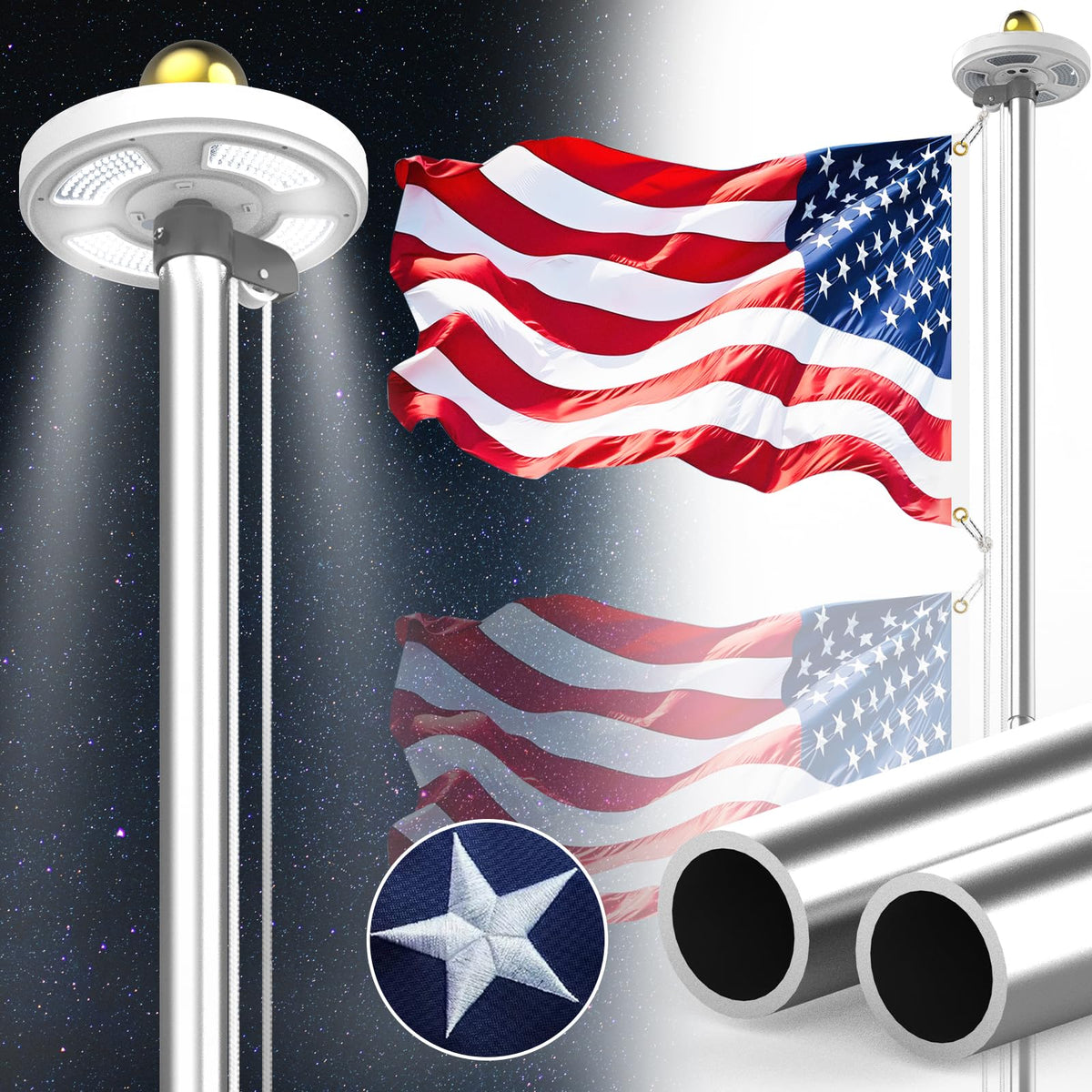 Bknius solar light attached to flagpole for nighttime brightness