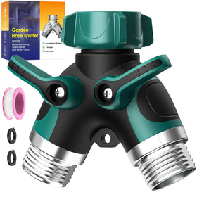 BKV 2 Way Hose Splitter with metal body attached to faucet enables dual watering tasks
