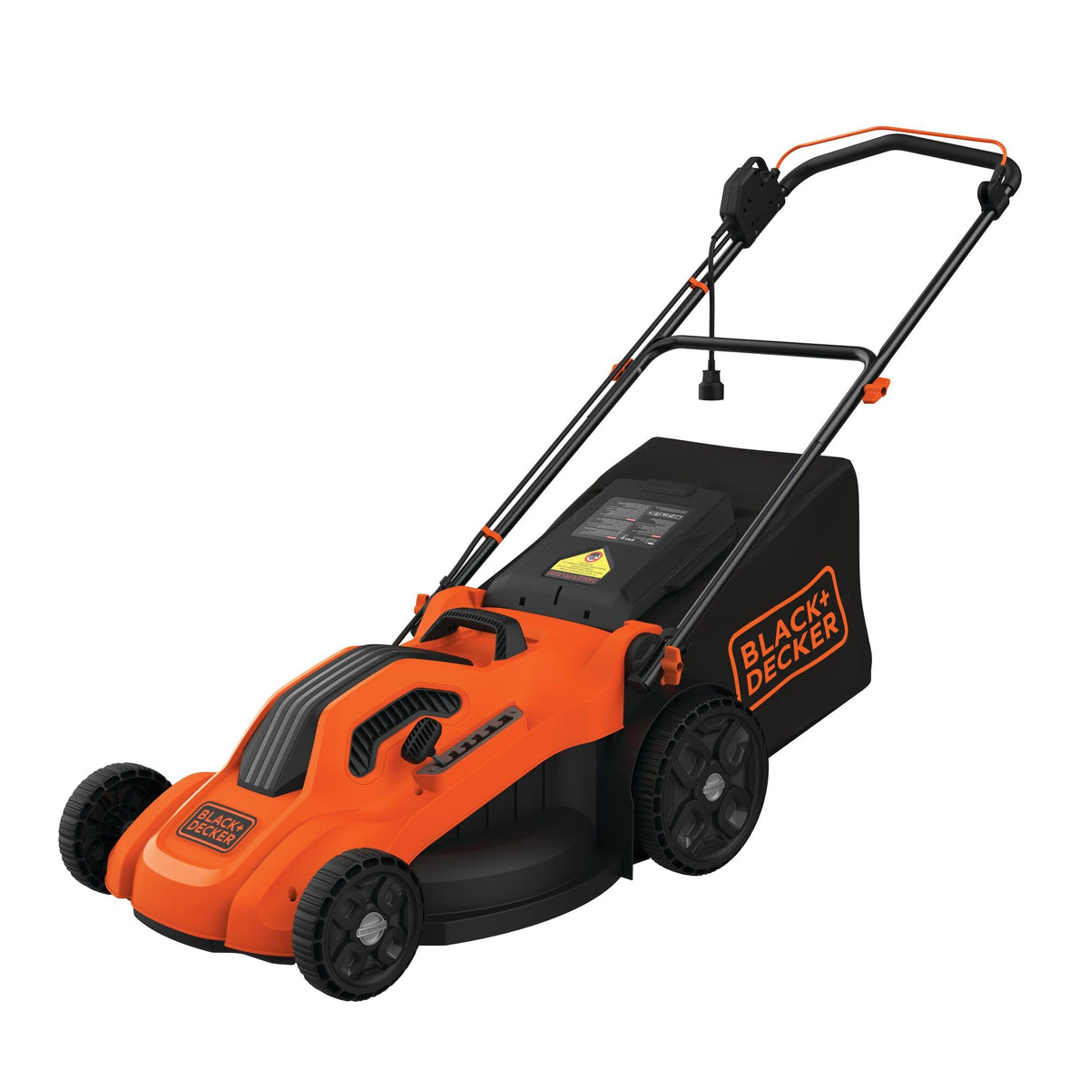 BLACK+DECKER BEMW213 front view shows compact 20-inch deck for efficient mowing.