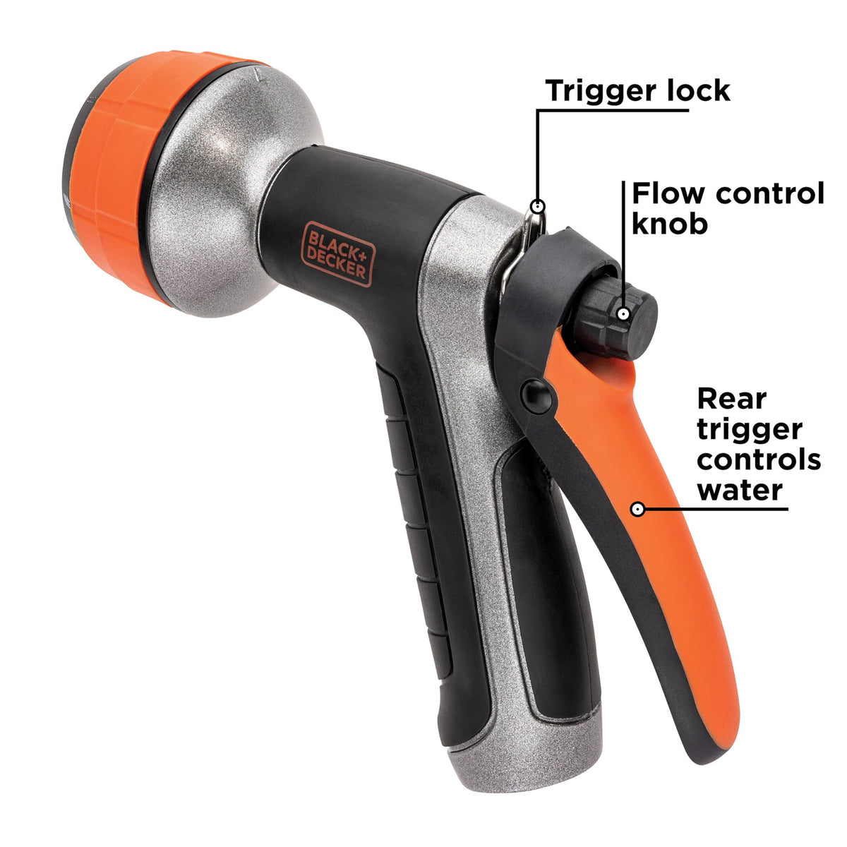 Black + Decker Dial 7 full pattern nozzle for broad cleanup and rinse tasks.