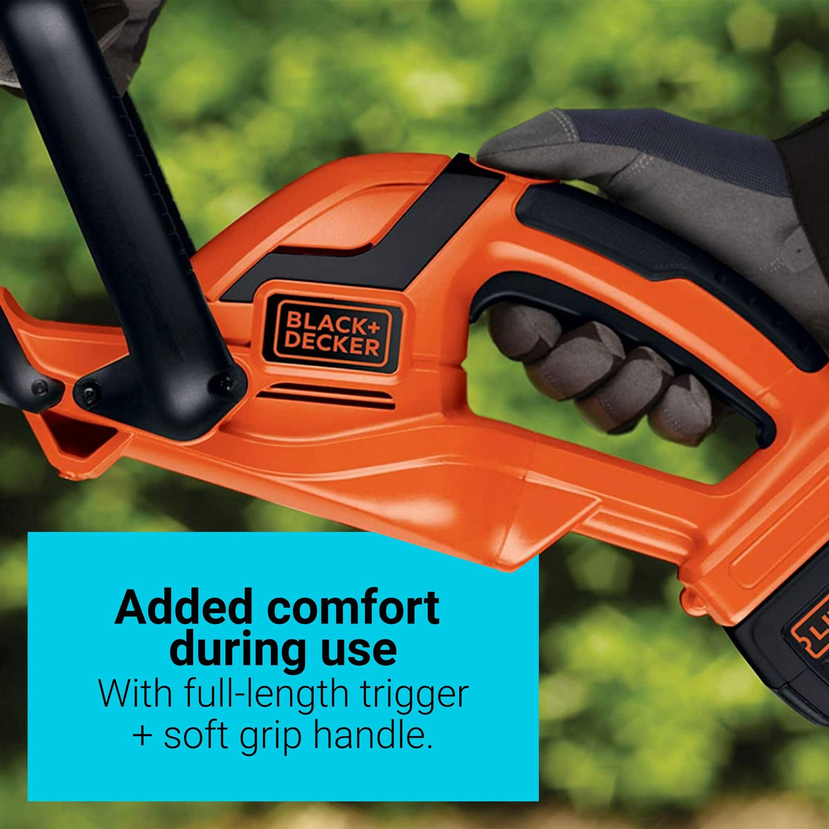 BLACK+DECKER hedge trimmer full-length trigger enabling comfortable operation