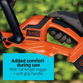 BLACK+DECKER hedge trimmer full-length trigger enabling comfortable operation