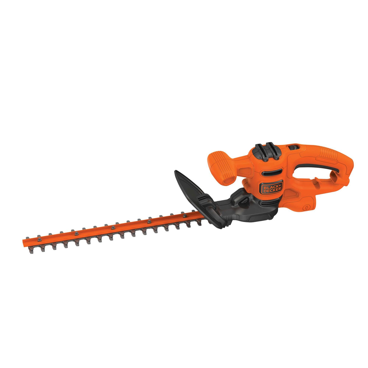 BLACK+DECKER BEHT100 16-inch blade close-up showing dual-action steel for smoother cuts