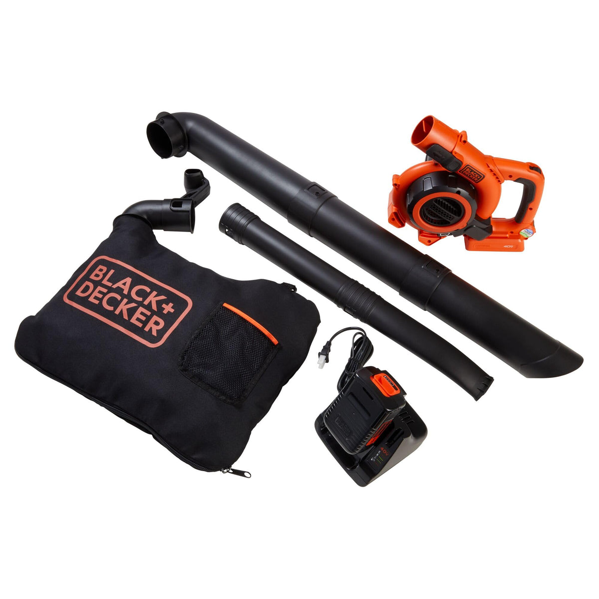 BLACK+DECKER cordless leaf blower clearing debris on a patio