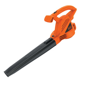Black+Decker LB700 handheld blower in action clearing leaves on a lawn.
